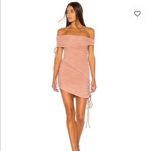 MAJORELLE Off-Shoulder Ruched Mini Dress in Blush